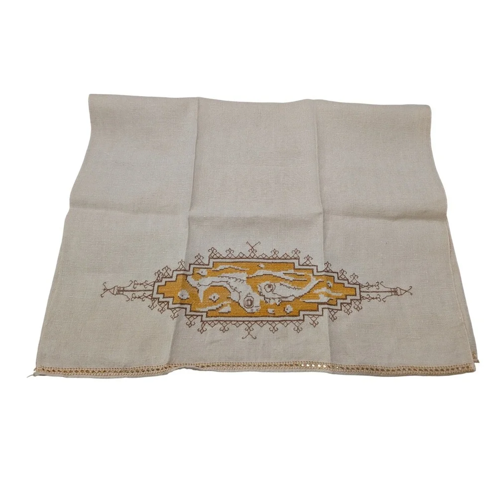 Vtg Linen Hand Towel Cross Stitch Embroidery Yellow Brown Geometric 25x16 MCM